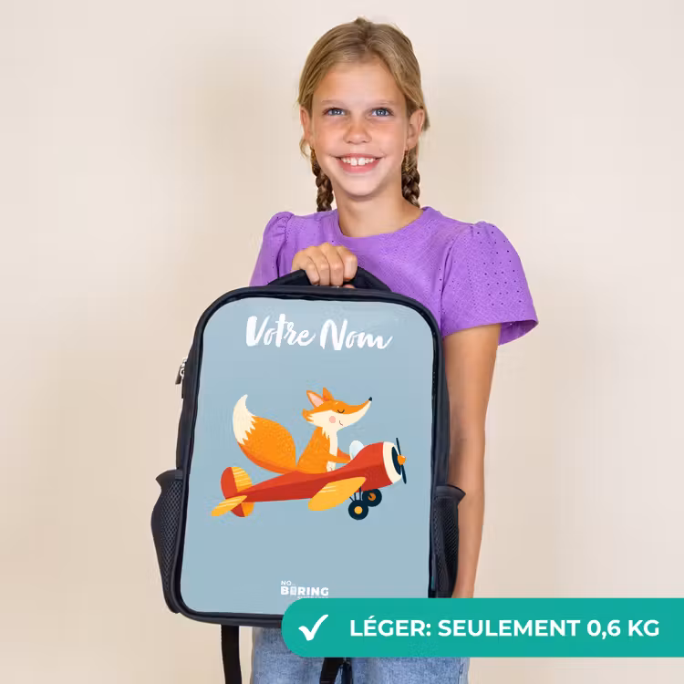 Sac à dos enfant avec votre nom - Noir - Renard - Avion - Mouches — 9