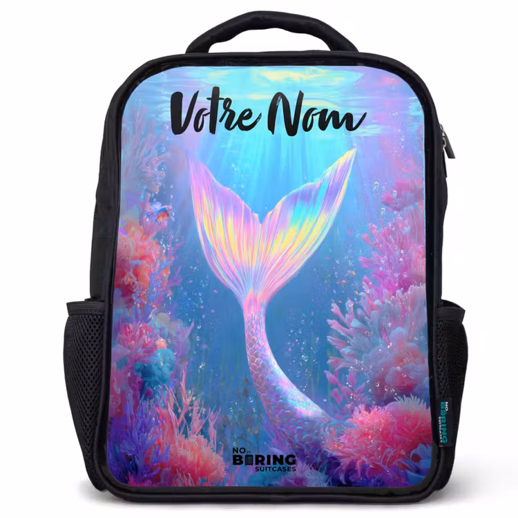 Sac à dos enfant avec votre nom - Noir - Sirène - Corail - Eau — 1