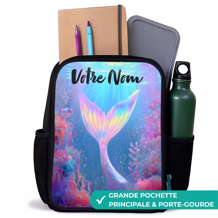Sac à dos enfant avec votre nom - Noir - Sirène - Corail - Eau — 10