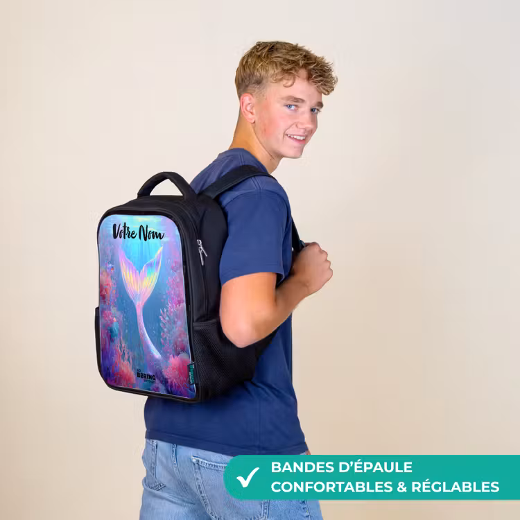 Sac à dos enfant avec votre nom - Noir - Sirène - Corail - Eau — 11