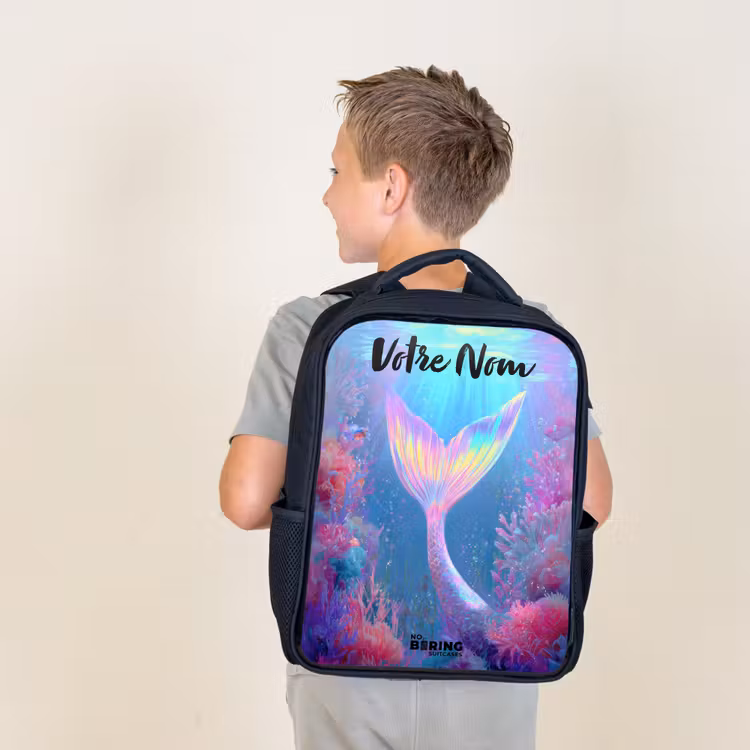 Sac à dos enfant avec votre nom - Noir - Sirène - Corail - Eau — 2