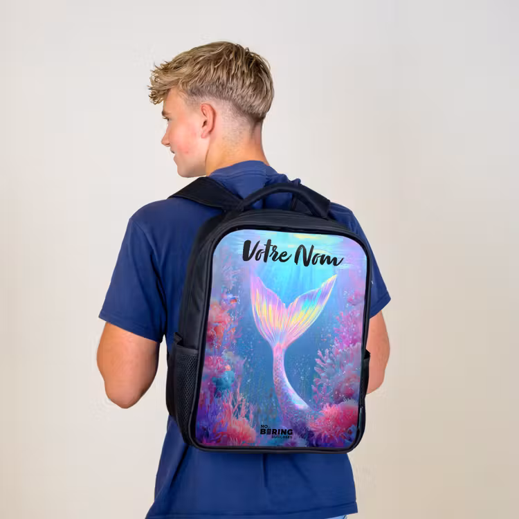Sac à dos enfant avec votre nom - Noir - Sirène - Corail - Eau — 5