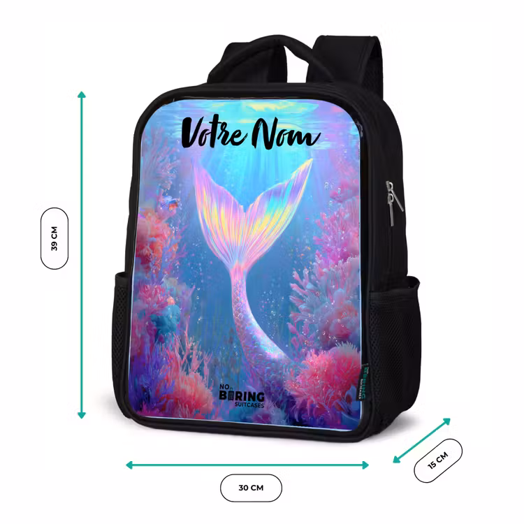 Sac à dos enfant avec votre nom - Noir - Sirène - Corail - Eau — 8