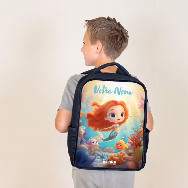 Sac à dos enfant avec votre nom - Noir - Sirène - Poisson - Corail — 2