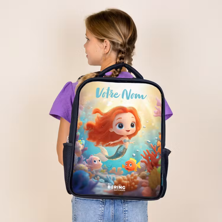 Sac à dos enfant avec votre nom - Noir - Sirène - Poisson - Corail — 4