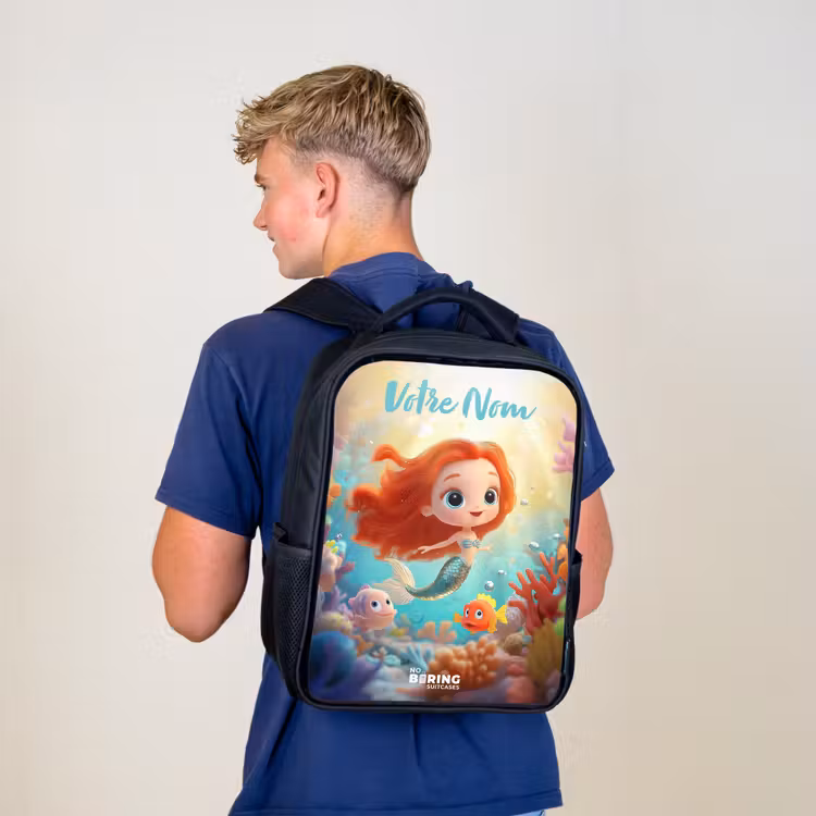 Sac à dos enfant avec votre nom - Noir - Sirène - Poisson - Corail — 5
