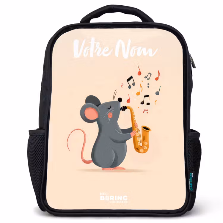 Sac à dos enfant avec votre nom - Noir - Souris - Saxophone - Musique — 1