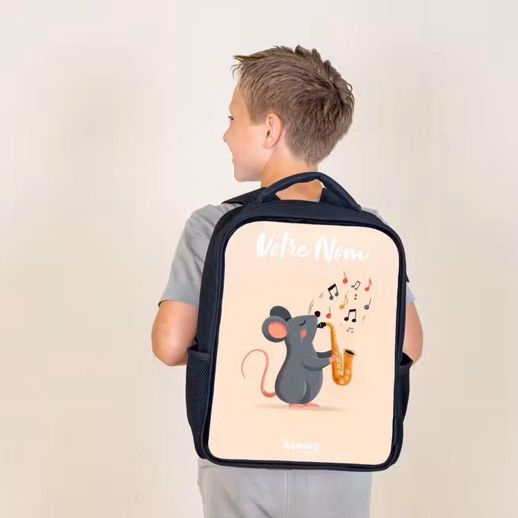 Sac à dos enfant avec votre nom - Noir - Souris - Saxophone - Musique — 2