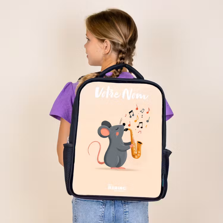 Sac à dos enfant avec votre nom - Noir - Souris - Saxophone - Musique — 4