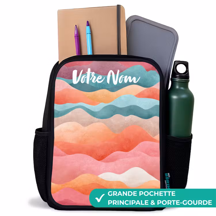 Sac à dos enfant avec votre nom - Noir - Vagues - Colorées - Abstraites — 10