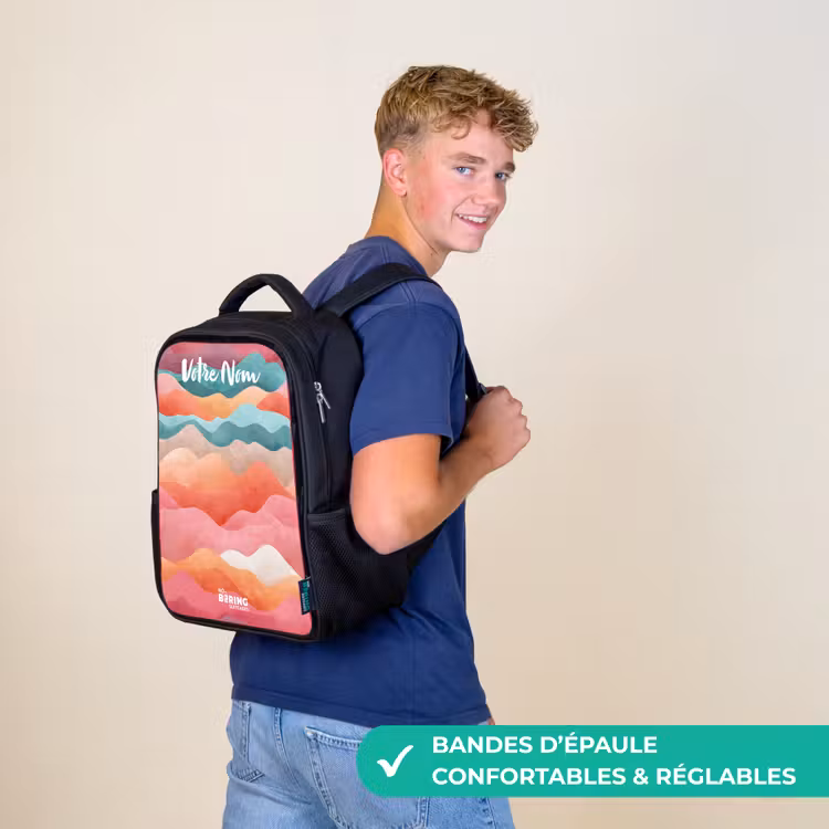 Sac à dos enfant avec votre nom - Noir - Vagues - Colorées - Abstraites — 11