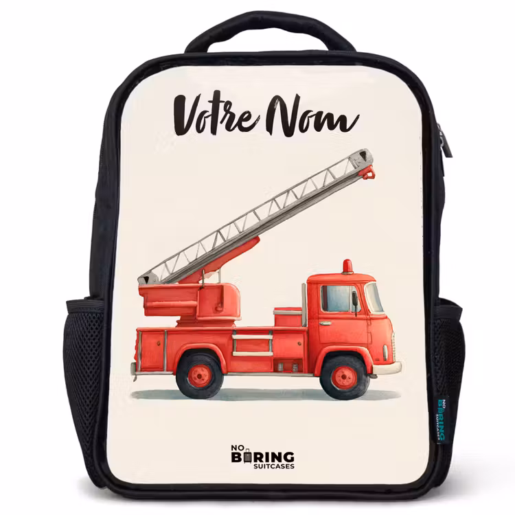 Sac à dos enfant avec votre nom - Noir - Véhicule de pompiers - Signé - Rouge — 1