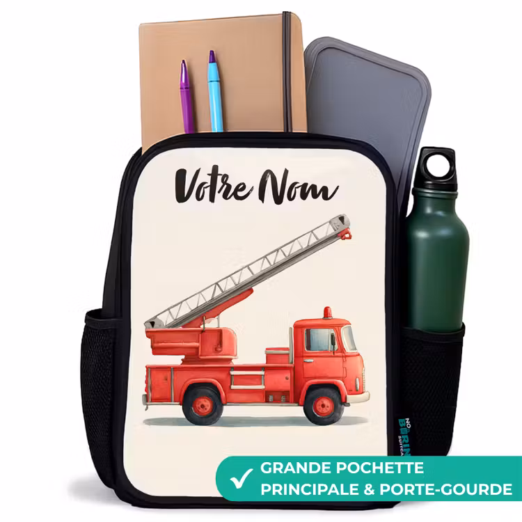 Sac à dos enfant avec votre nom - Noir - Véhicule de pompiers - Signé - Rouge — 10