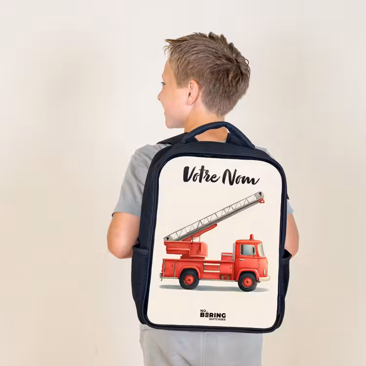 Sac à dos enfant avec votre nom - Noir - Véhicule de pompiers - Signé - Rouge — 2