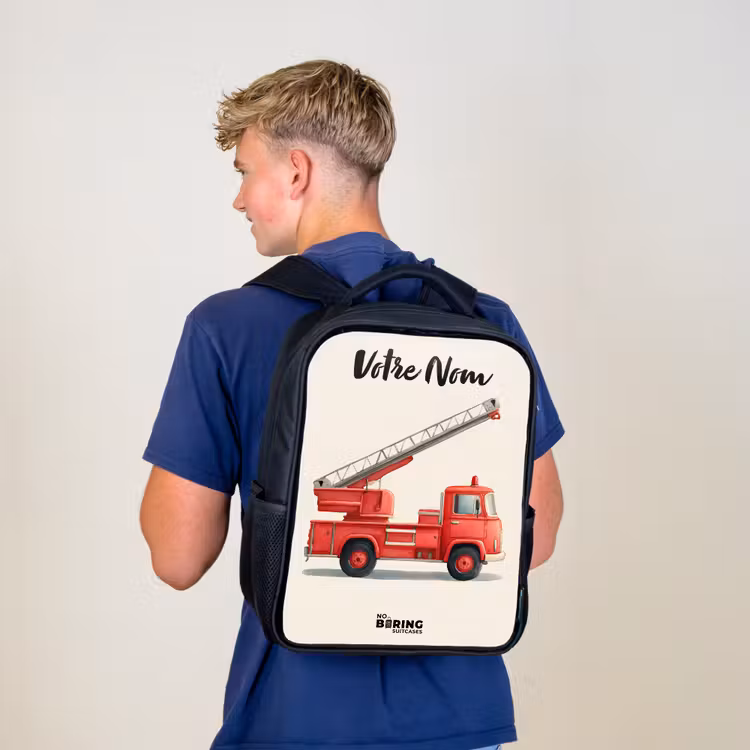 Sac à dos enfant avec votre nom - Noir - Véhicule de pompiers - Signé - Rouge — 5