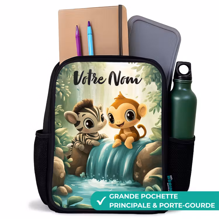 Sac à dos enfant avec votre nom - Noir - Zèbre - Singe - Cascade - Rochers — 10