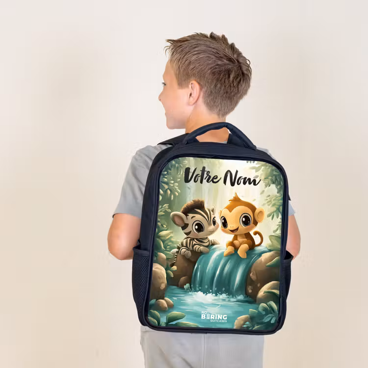 Sac à dos enfant avec votre nom - Noir - Zèbre - Singe - Cascade - Rochers — 2