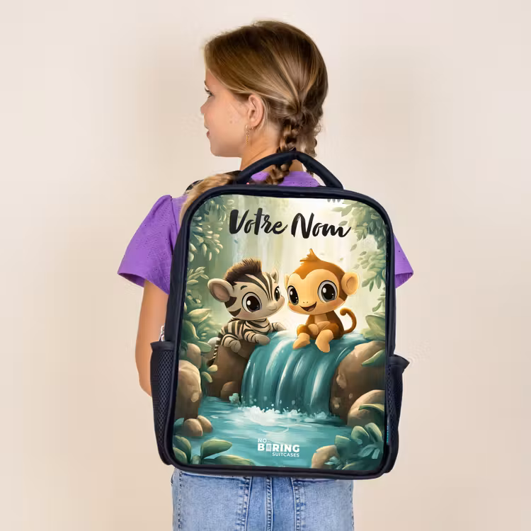 Sac à dos enfant avec votre nom - Noir - Zèbre - Singe - Cascade - Rochers — 4