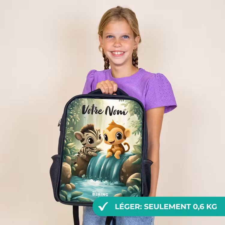 Sac à dos enfant avec votre nom - Noir - Zèbre - Singe - Cascade - Rochers — 9
