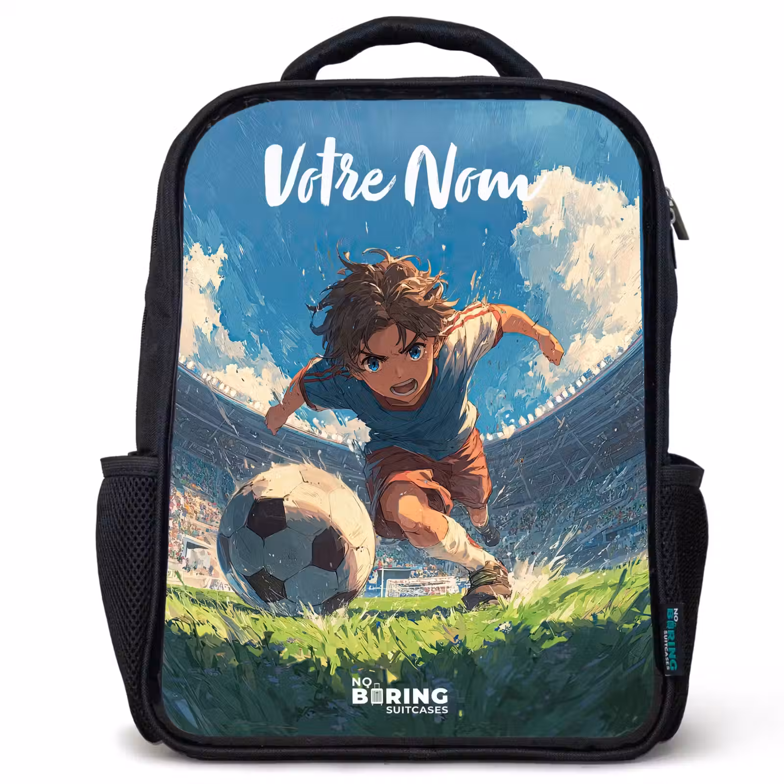 Sac à dos enfant avec votre nom - Noir - Football - Pelouse - Stade - Peinture — 1