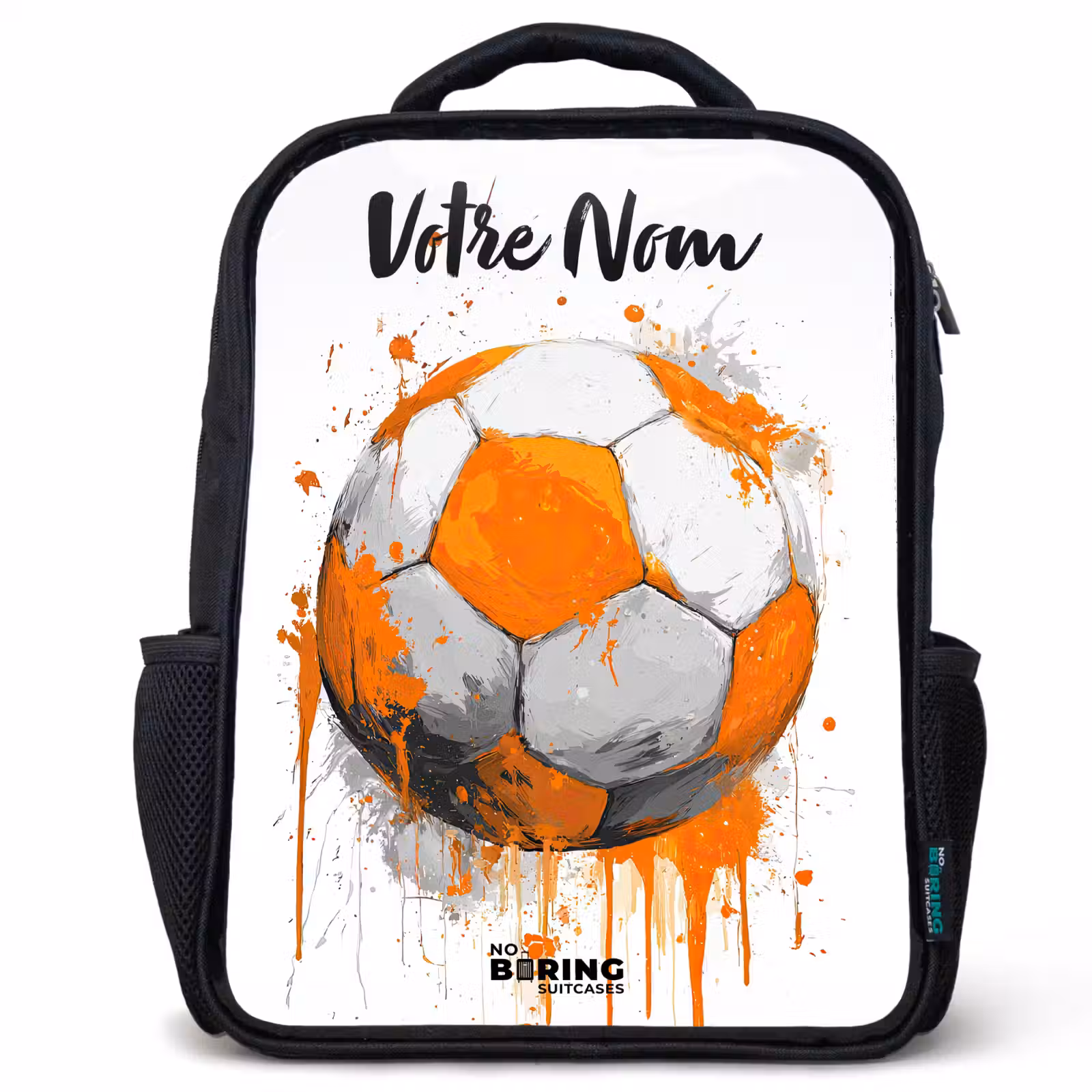 Sac à dos enfant avec votre nom - Noir - Football vibes - Peinture - Orange — 1