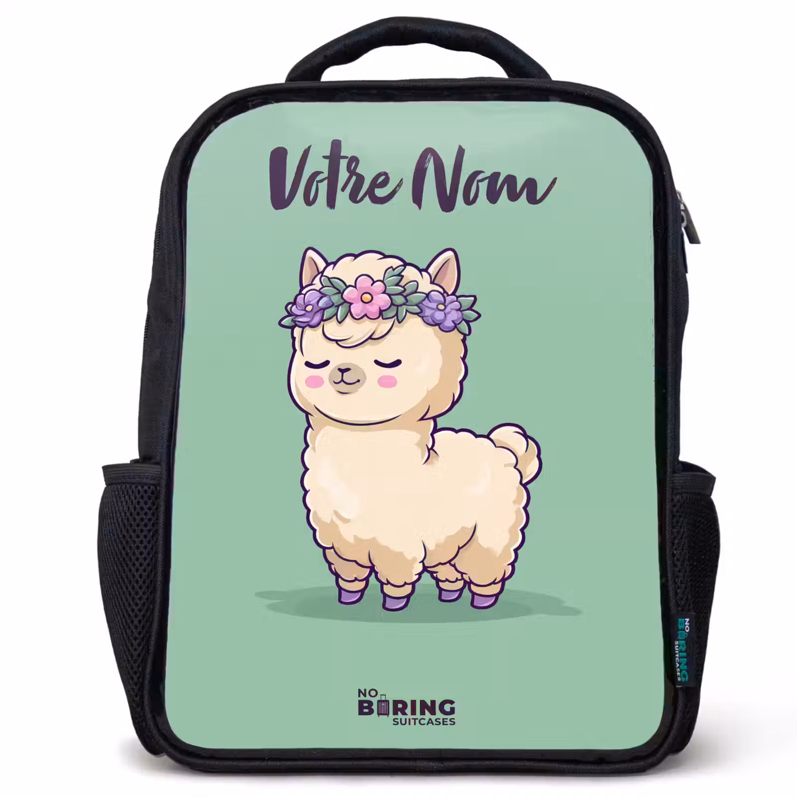 Sac à dos enfant avec votre nom - Noir - Kawai - Alpaga - Vert — 1