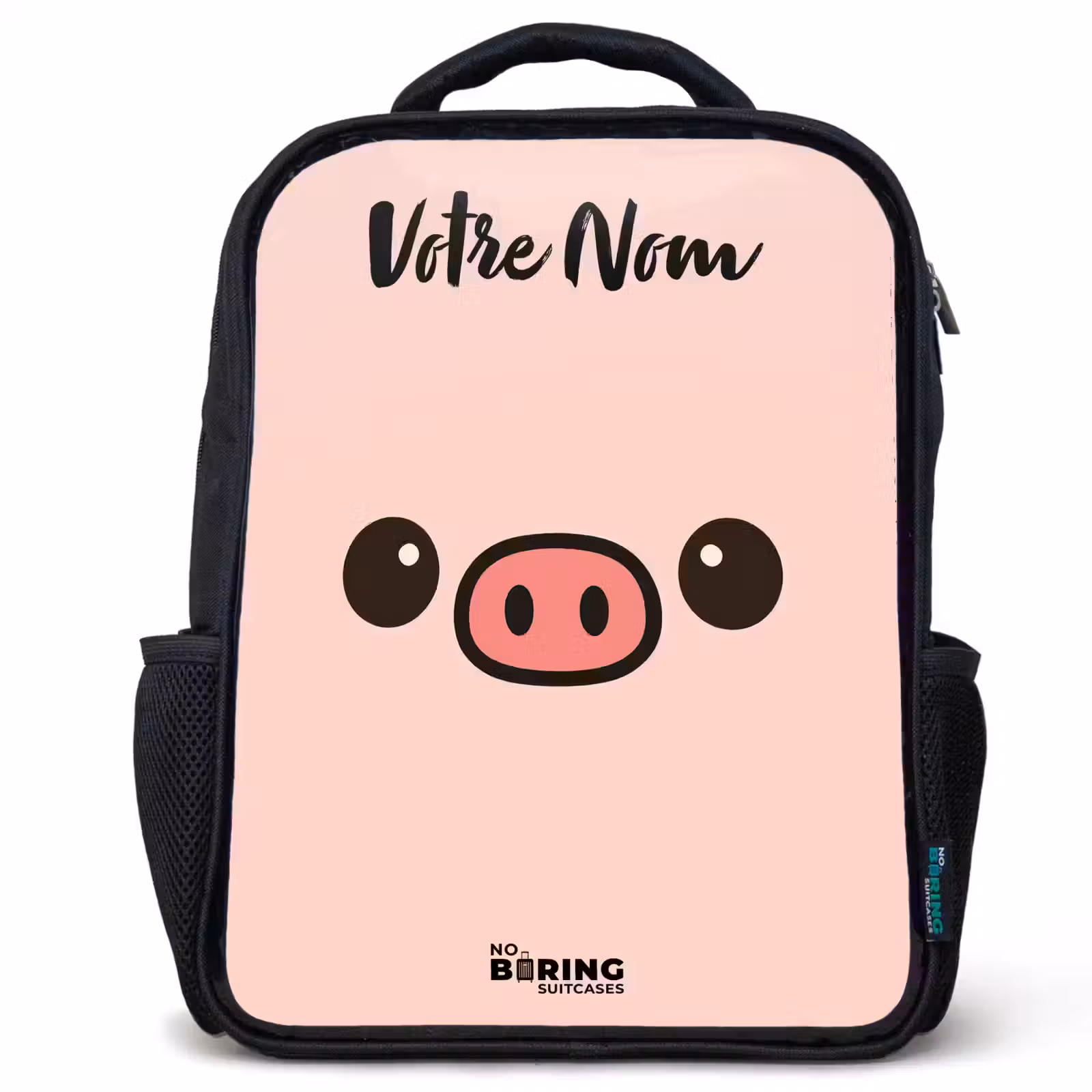 Sac à dos enfant avec votre nom - Noir - Kawai - Cochon - Rose — 1