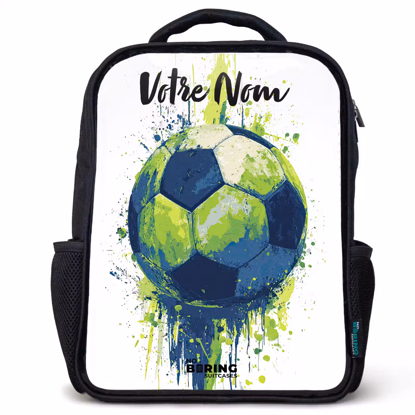 Sac à dos enfant avec votre nom - Noir - Vibrations footballistiques - Peinture - Vert - Bleu — 1