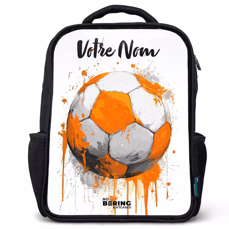 Sac à dos enfant avec votre nom - Noir - Football vibes - Peinture - Orange — 1