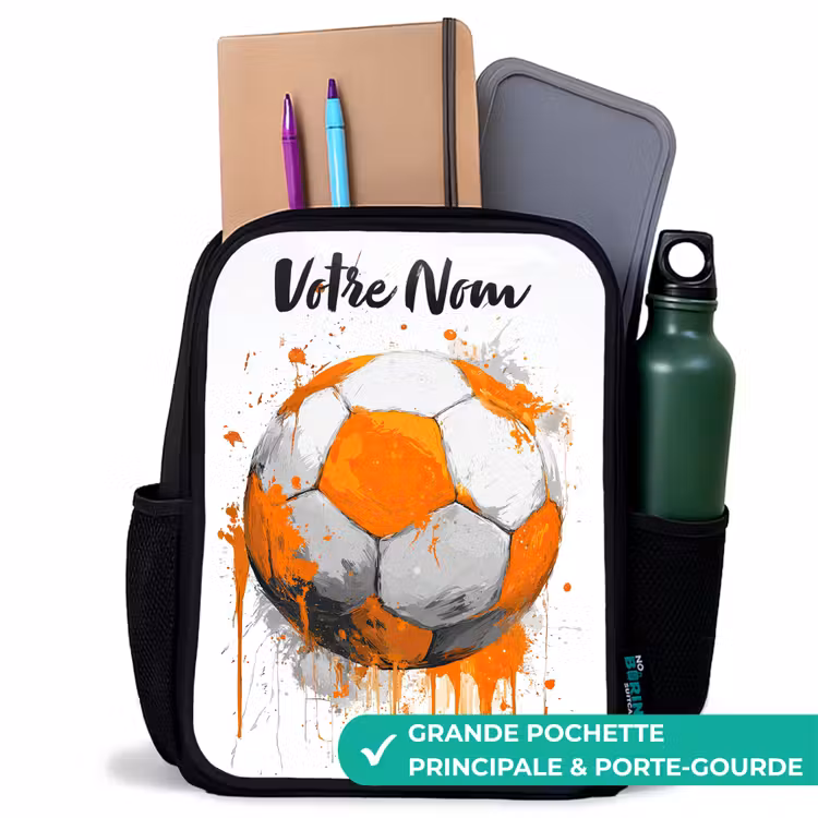 Sac à dos enfant avec votre nom - Noir - Football vibes - Peinture - Orange — 10