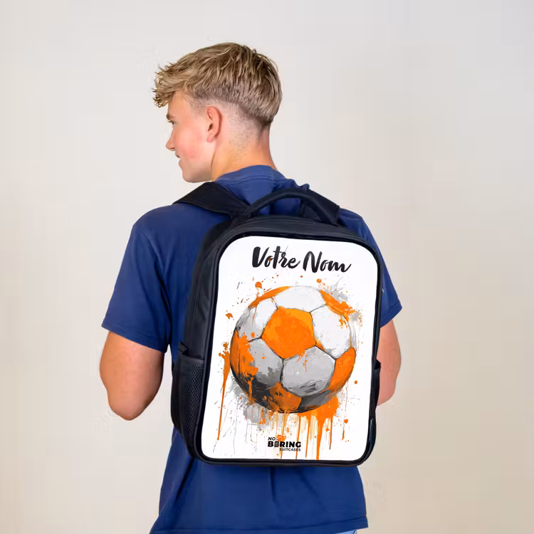 Sac à dos enfant avec votre nom - Noir - Football vibes - Peinture - Orange — 5