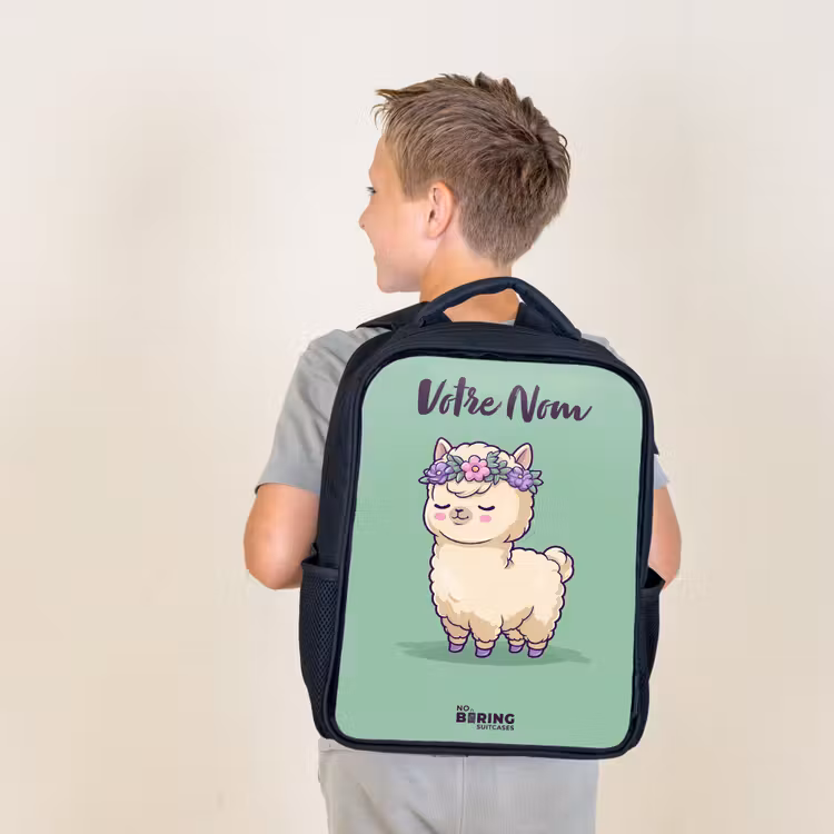Sac à dos enfant avec votre nom - Noir - Kawai - Alpaga - Vert — 2