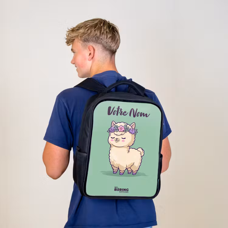 Sac à dos enfant avec votre nom - Noir - Kawai - Alpaga - Vert — 5