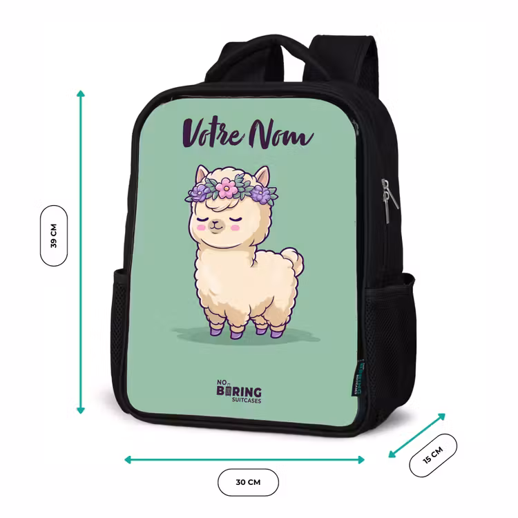 Sac à dos enfant avec votre nom - Noir - Kawai - Alpaga - Vert — 8