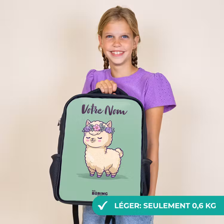 Sac à dos enfant avec votre nom - Noir - Kawai - Alpaga - Vert — 9