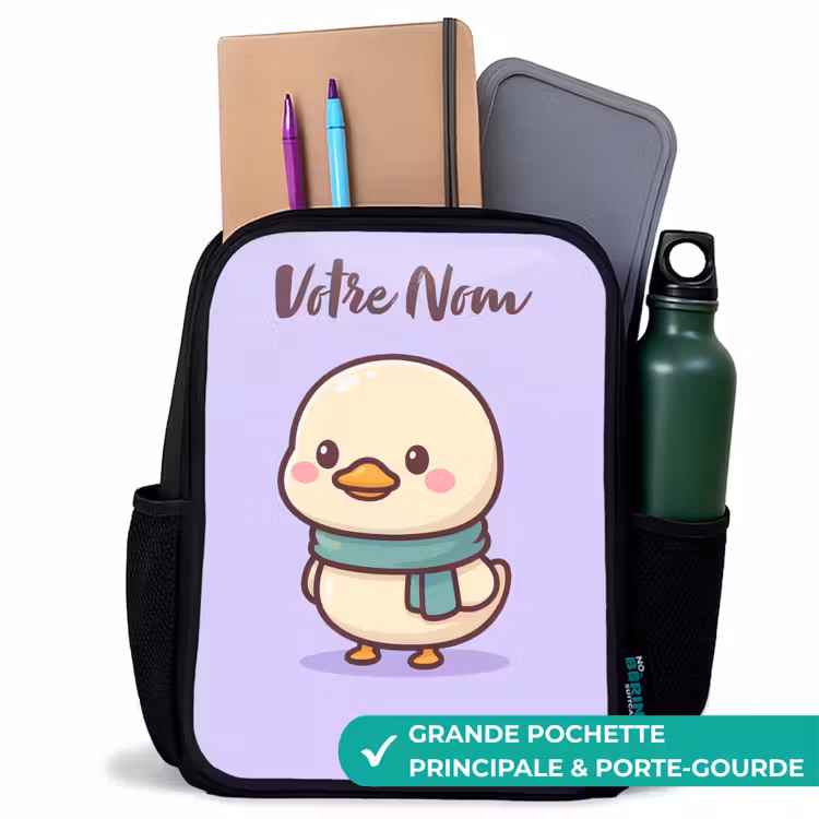 Sac à dos enfant avec votre nom - Noir - Kawai - Canard - Echarpe — 10