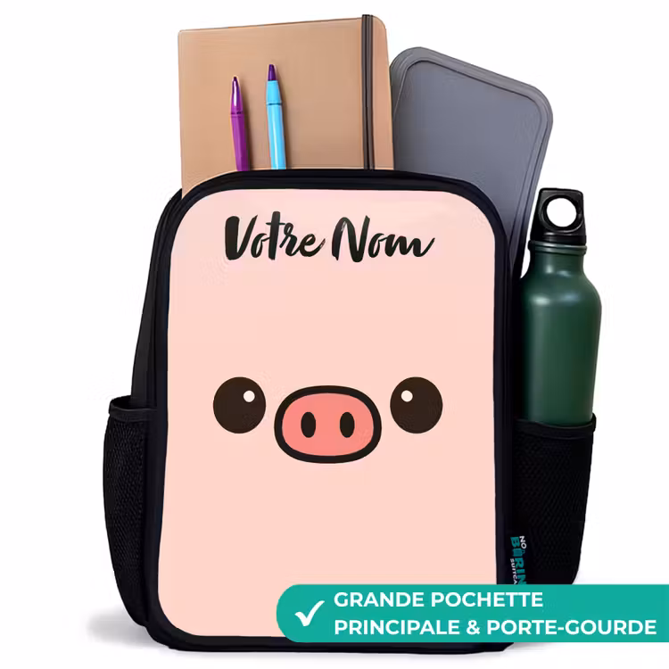 Sac à dos enfant avec votre nom - Noir - Kawai - Cochon - Rose — 10