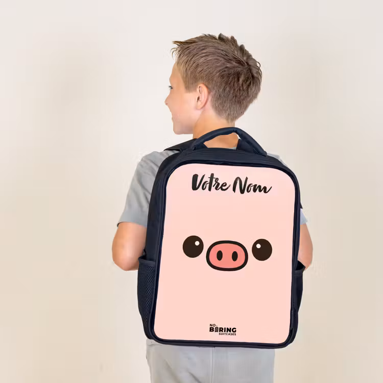 Sac à dos enfant avec votre nom - Noir - Kawai - Cochon - Rose — 2