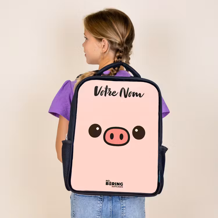 Sac à dos enfant avec votre nom - Noir - Kawai - Cochon - Rose — 4