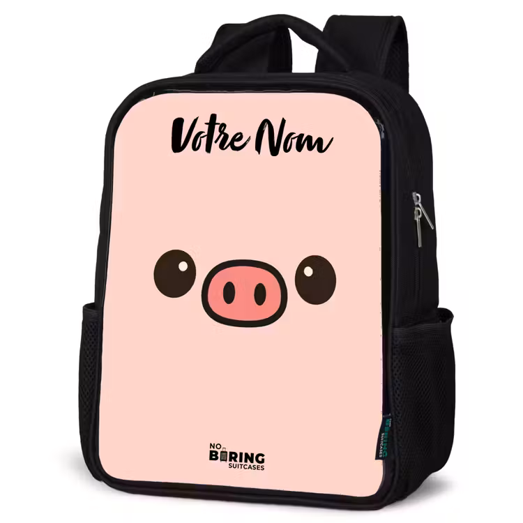 Sac à dos enfant avec votre nom - Noir - Kawai - Cochon - Rose — 6