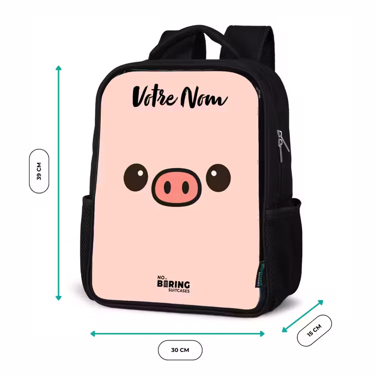 Sac à dos enfant avec votre nom - Noir - Kawai - Cochon - Rose — 8