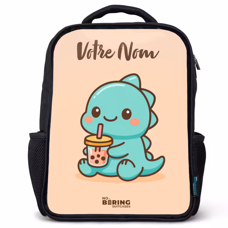 Sac à dos enfant avec votre nom - Noir - Kawai - Dino - Bubbletea — 1