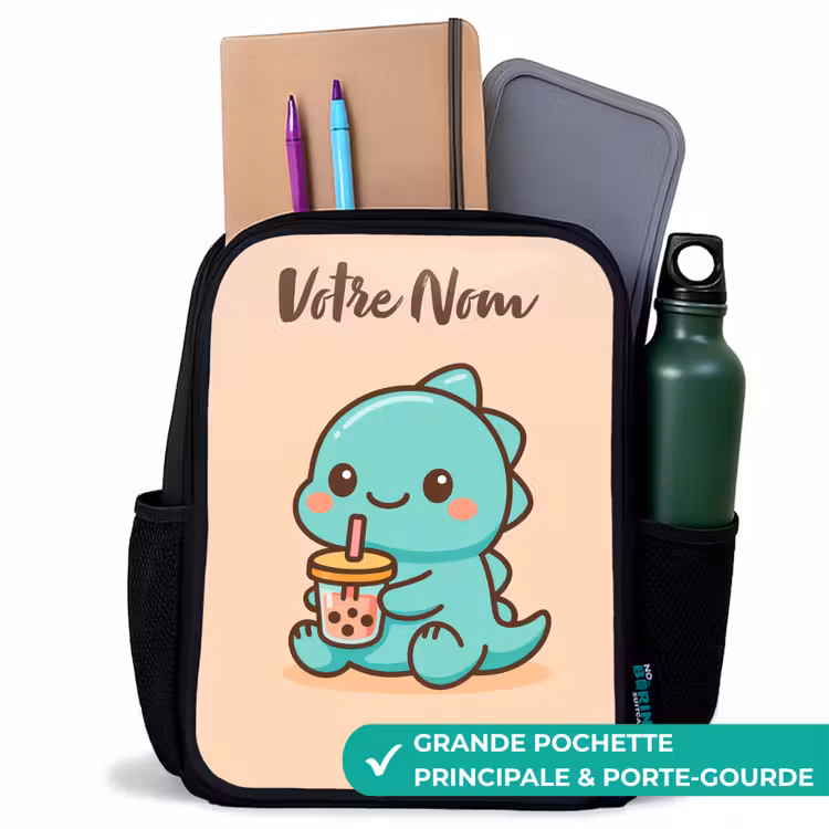 Sac à dos enfant avec votre nom - Noir - Kawai - Dino - Bubbletea — 10