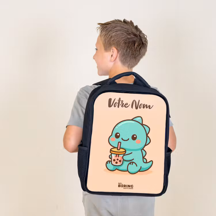 Sac à dos enfant avec votre nom - Noir - Kawai - Dino - Bubbletea — 2