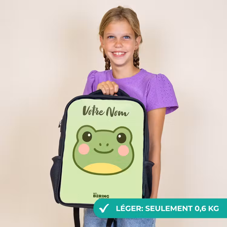 Sac à dos enfant avec votre nom - Noir - Kawai - Grenouille - Vert — 9
