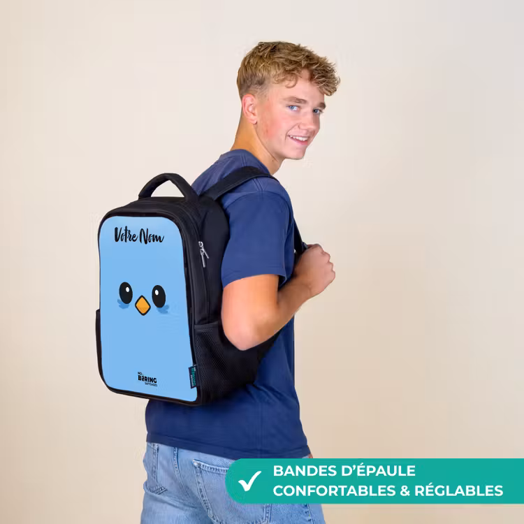 Sac à dos enfant avec votre nom - Noir - Kawai - Oiseau - Bleu — 11