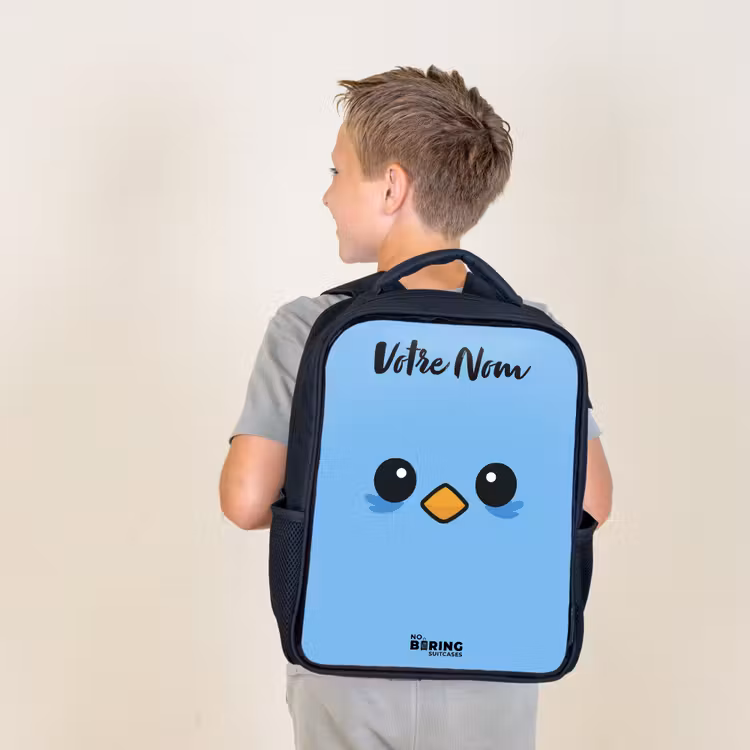 Sac à dos enfant avec votre nom - Noir - Kawai - Oiseau - Bleu — 2