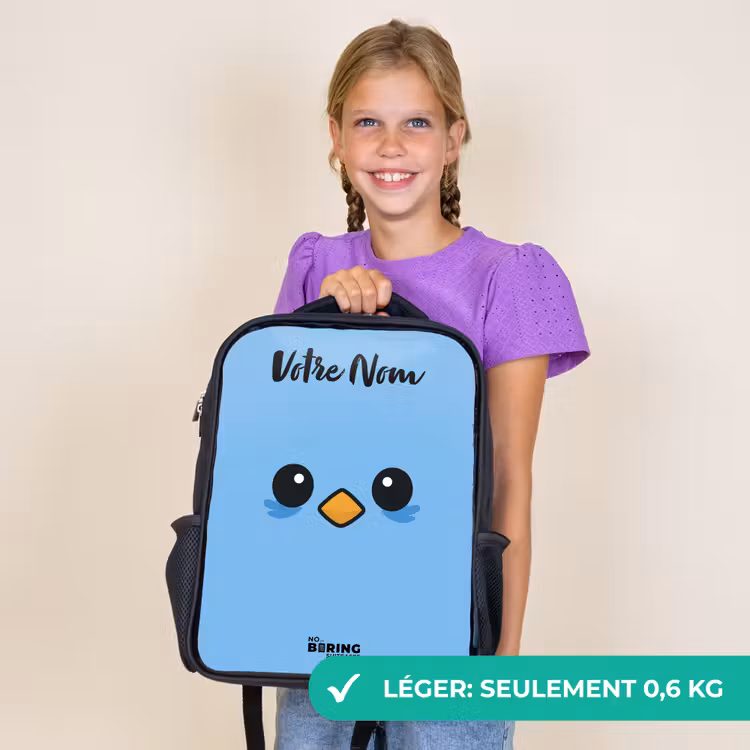 Sac à dos enfant avec votre nom - Noir - Kawai - Oiseau - Bleu — 9