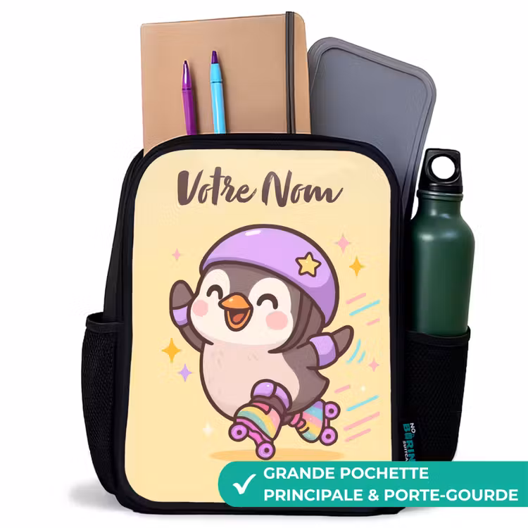 Sac à dos enfant avec votre nom - Noir - Kawai - Pingouin - Patins à roulettes — 10