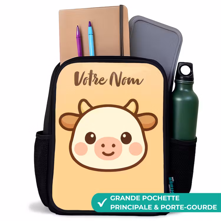 Sac à dos enfant avec votre nom - Noir - Kawai - Vache - Marron — 10